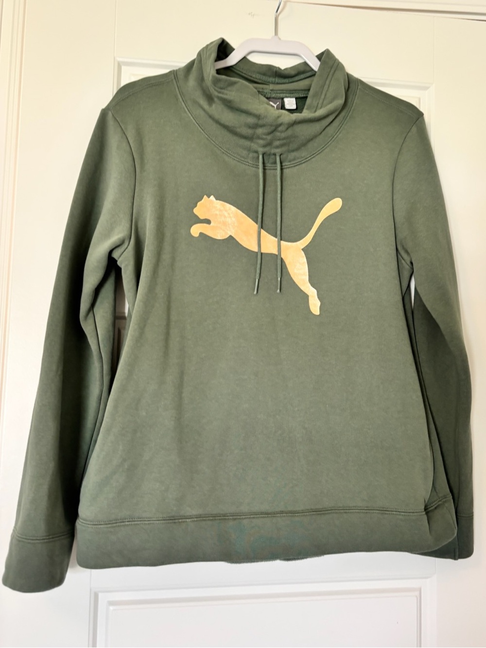 Puma Olive Green Funnel Neck Sweatshirt with Gold Puma Logo